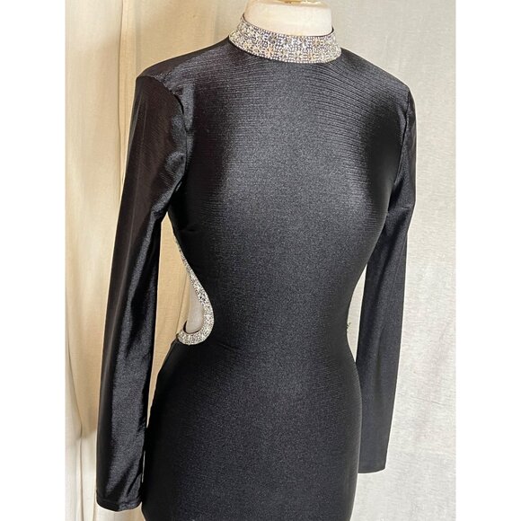 Fashion Nova Black Long Sleeve Backless Dress With Rhinestone Trim Evening  flaw - Picture 8 of 16